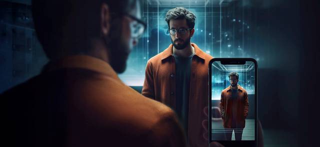 An image of a bearded man holding a phone that is focused on looking at a clone of himself in a dark room