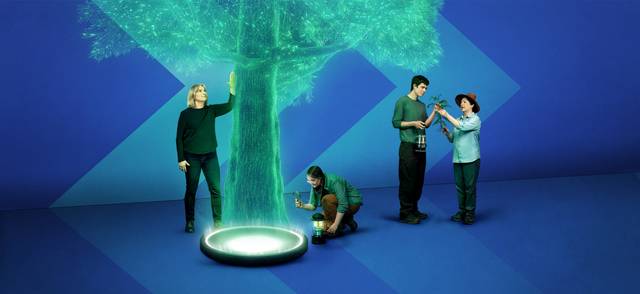 Dr. Suzanne Simard looks up at a green hologram of a tree while she places her hand on its trunk. UBC student Eva Snyder kneels down next to a lantern, inspecting the trunk with a magnifying glass. Hanno Southam and Dr. Teresa Ryan are standing to the right facing each other inspecting a small tree branch.