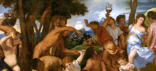 A detail of the Renaissance oil painting &quot;The Bacchanal of the Andrians&quot; by Titian that shows several people consuming alcohol