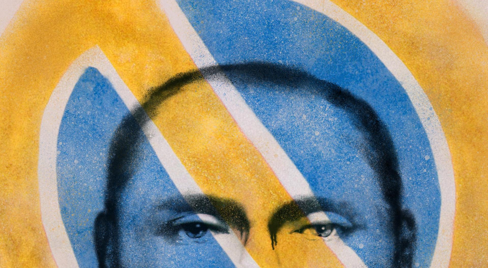 Spray painted graphic of Vladimir Putin with Ukrainian colours superimposed over his face