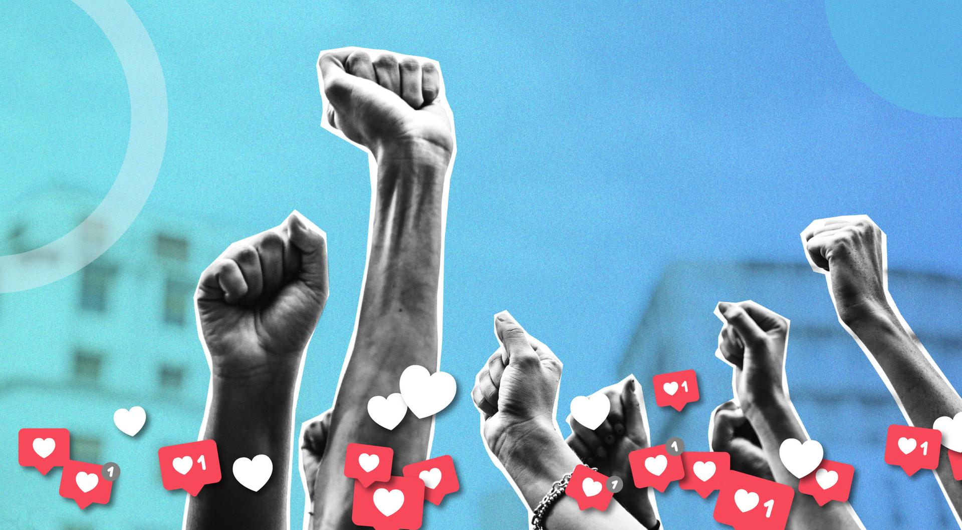 Raising arms with social media likes icons