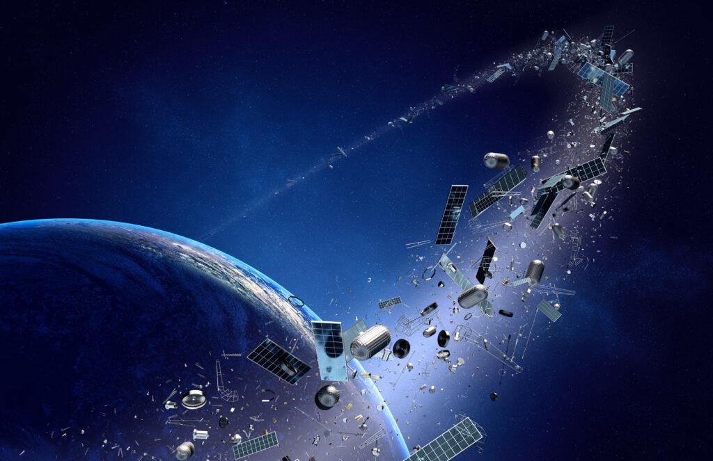 A ring of space debris, including satellites and metal junk, encircles the Earth, as seen from  space