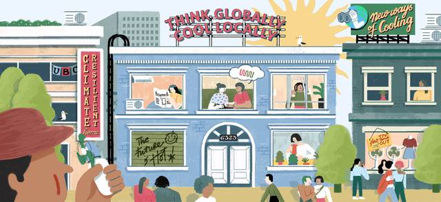 Illustration of an apartment building with people in it doing different everyday activities, and the sign &quot;Think Globally, Cool Locally&quot; on top