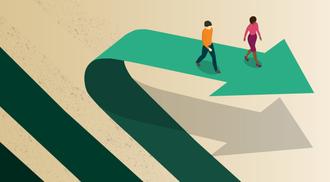 An illustration of two people choosing a new career and personal financial path