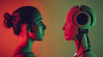 An image of a woman and an AI robot facing off