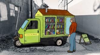 A library bookmobile in an empty alley