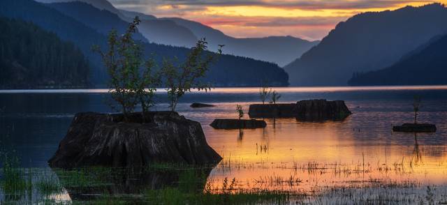 Sunset and fog at Buttle Lake in Strathcona Park on Vancouver Island.