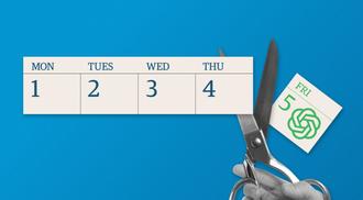 An illustration of a hand holding scissors cutting a day off the work week