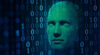 3D hologram of a human head in a blue digital binary data on computer screen.