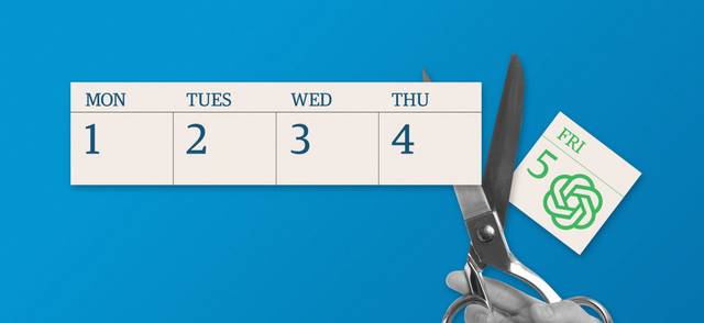 An illustration of a hand holding scissors cutting a day off a calendar of the workweek