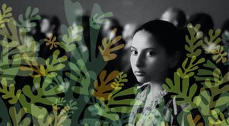 Environmental human rights illustration showing a young girl among leaves