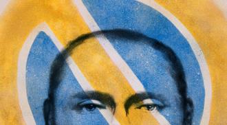 Spray painted graphic of Vladimir Putin with Ukrainian colours superimposed over his face