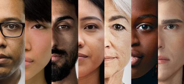 A composite photo of the faces of seven people of different ages and races and genders