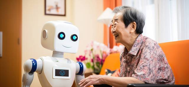 A robot in a retirement home with a happy old woman.