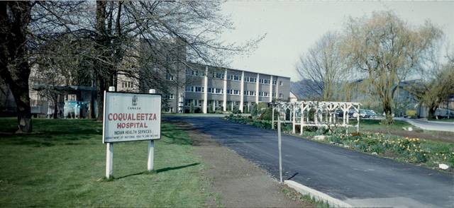 A historic snapshot of Coqualeetza Hospital, which was operated by Indian Health Services and the Department of National Health and Welfare.