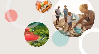 A collage showing a family cleaning up at the beach, a plate of sushi, sockeye salmon spawning