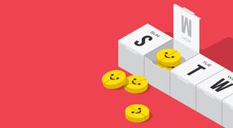 A weekly pill organizer with several happy pills arranged around it.