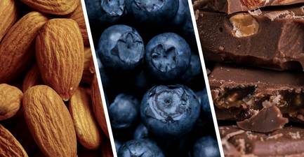 Images of almonds, blueberries and chocolate, foods threatened by biodiversity loss