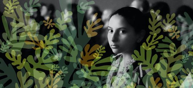 Environmental human rights illustration showing a young girl among leaves