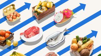 Assortment of food items including fruits, vegetables, eggs, fish, and meat displayed with directional arrows on a white background.