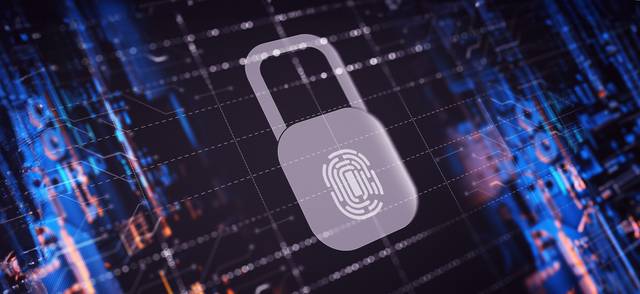 A padlock with a fingerprint scanner on a blue digital background.