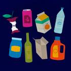 Illustration of food and packaging waste that can be recycled to reduce carbon footprint