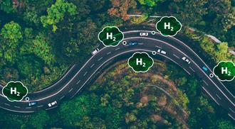 Photo illustration of an aerial view of cars that are powered by green hydrogen on a highway.