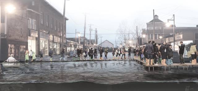 Speculative rendering of Richmond in the year 2050 if no coastal adaptation measures are taken. It shows streets flooded with water from a rise in sea levels, and people walking on makeshift platforms built above the water.
