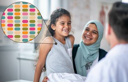 A young child and her mother meet with a doctor to discuss her genomic sequencing results