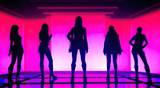 Silhouettes of a girl group basking in the radiant pink light.