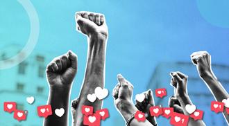 Raising arms with social media likes icons
