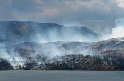 A forest fire on the hills overlooking Okanagan Lake in BC