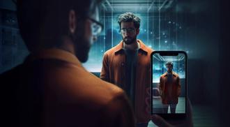 An image of a bearded man holding a phone that is focused on looking at a clone of himself in a dark room