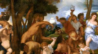 A detail of the Renaissance oil painting "The Bacchanal of the Andrians" by Titian that shows several people consuming alcohol