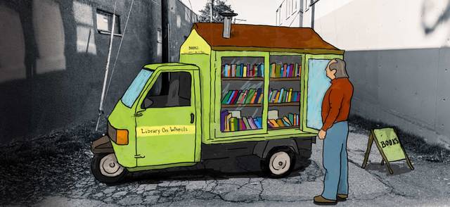 A library bookmobile in an empty alley