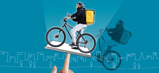 A stylized design of gig economy delivery worker coming out from a cell phone supported by a finger, representing a balancing act