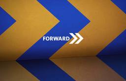 Forward logo mark on gold and blue chevron pattern background