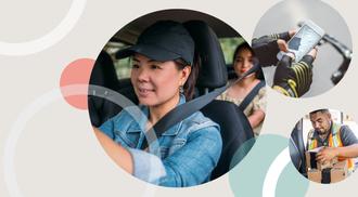 A collage shown a driver, a cell phone, and a delivery worker