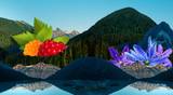 A surreal composite image featuring a landscape with a reflective lake, forested mountains, and cloudberry and bluebell flowers superimposed over the scene, creating a vivid, dreamlike atmosphere.