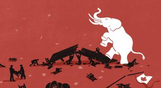 An illustration of a white elephant crushing a house with people under it, while a Canadian flag sits broken on the ground. This symbolizes how white supremacy and racism is damaging people.