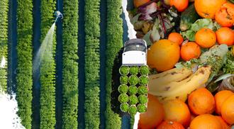 Split image showing a top-down view of a farmer on a tractor in a green field on the left, and a pile of food waste including fruits and vegetables on the right.