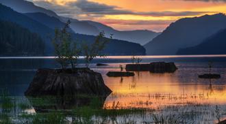 Sunset and fog at Buttle Lake in Strathcona Park on Vancouver Island.