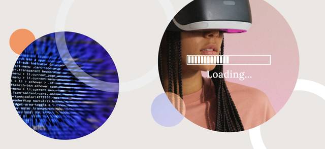 The metaverse with images of computer text and a VR virtual reality headset with the words &quot;loading&quot; superimposed over a person.