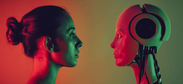 An image of a human with long hair in a bun and an AI robot facing off