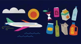 Illustration of activities that affect your carbon footprint, like flying or recycling