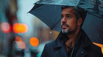 A man with an umbrella looks upward as rain falls on a city street