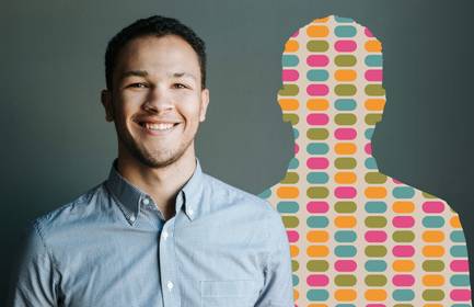 A photo of a young man alongside a graphic illustration of his DNA sequence