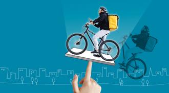 A gig economy delivery worker coming out from a cell phone supported by a finger