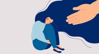 An illustration showing a woman sitting being offered a helping hand